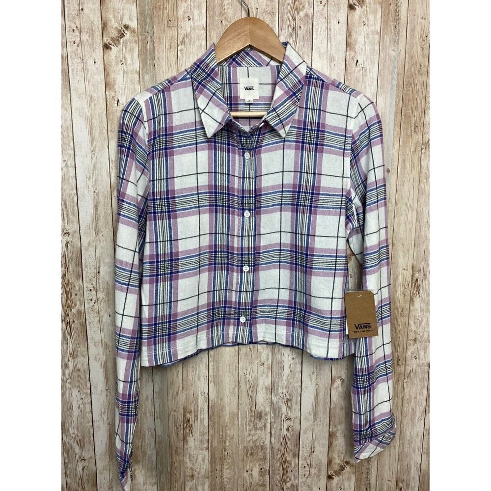 VANS Box Car Cropped Lightweight Long Sleeve Plaid Flannel Shirt Size Medium Wmn